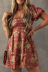 Floral Square Neck Puff Sleeve Open Back Mini Dress
